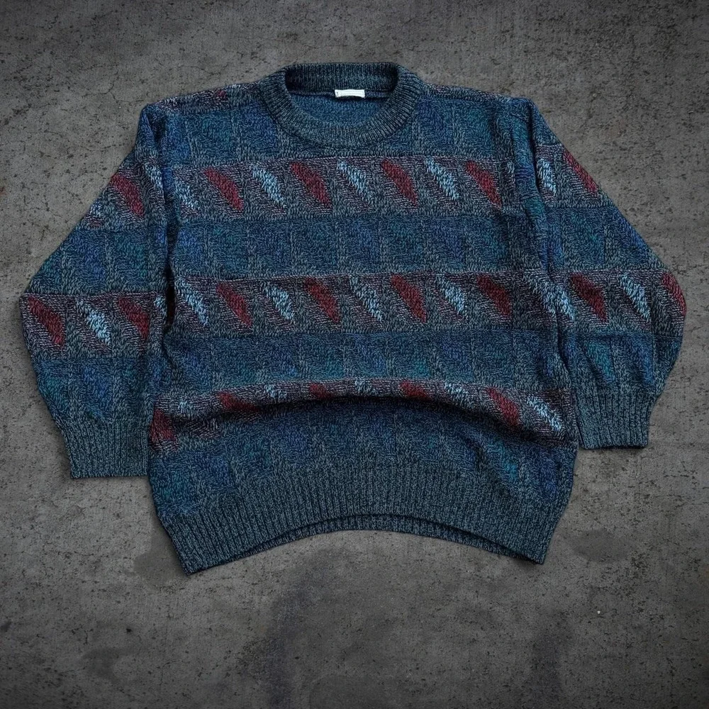 Vintage 90's Geometric Knit Sweater Grandpa Cozy Fall Preppy Grunge Skate School